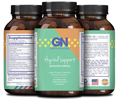 Thyroid Support Complex Blend - Vitamin B12, Zinc, Copper, Selenium, Iodine - Increase Metabolism & Energy - Supplement for Men & Women - Weight Control & Weight Loss Pills - By Griffith Naturals