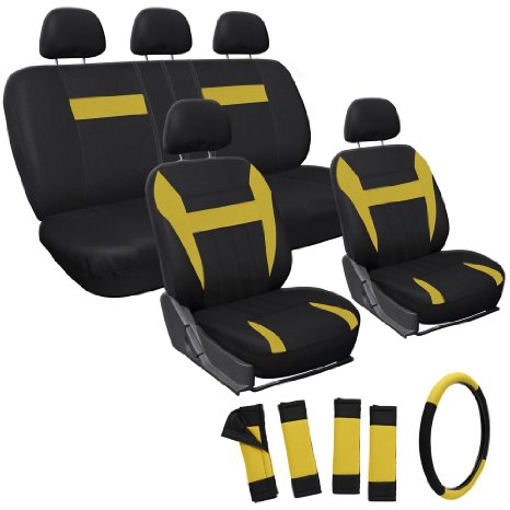 OxGord 17pc Set Flat Cloth Mesh  Yellow and Black Auto Seat Covers Set - Airbag Compatible - Front Low Back Buckets - 5050 or 6040 Rear Split Bench - 5 Head Rests - Universal Fit for Car Truck Suv or Van - FREE Steering Wheel Cover