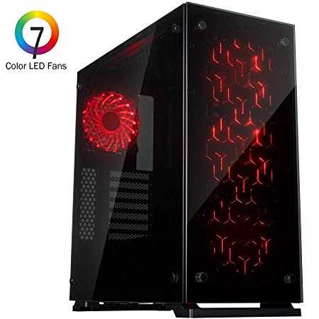 Rosewill ATX Mid Tower Gaming Computer PC Case, Tempered Glass, 7 Color LED Fans, 240mm Water Cooling AIO Support, Great Cable Management/Airflow, Gaming Style Window Case - Prism T500