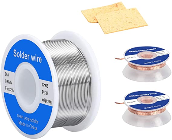 63-37 Tin Lead Rosin Core Solder Wire for Electrical Soldering (0.8mm 100g)，2pcs Solder Wick No-Clean Solder Braid Wick Desoldering Wick（2.5cm Width, 1.5m Length），2pcs Soldering Sponge