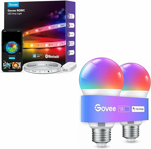 Govee RGBIC LED Strip Lights, Smart LED Lights for Bedroom Bundle Smart Light Bulbs, WiFi & Bluetooth Color Changing Light Bulbs