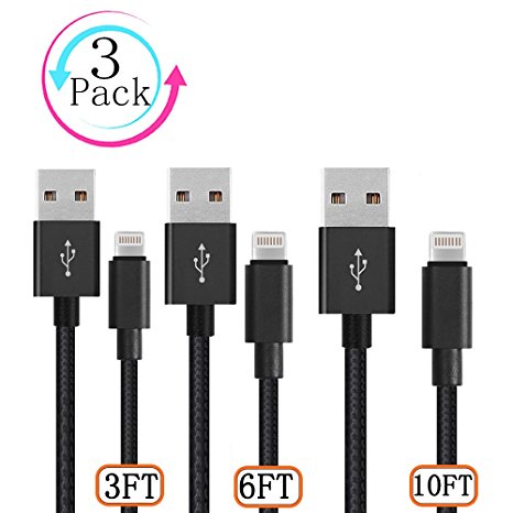 Auideas [3-Pack]Lightning Cable for iPhone,3 ft,6 ft,and 10 ft Charger Cable Cords Nylon Braided for to USB iPhone Charger Cable iPhone X/8/7/7 Plus/6/6s/6 plus/ 5/5s/5c, iPad, iPod.(Black)