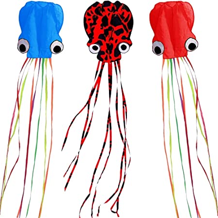 Motiloo 3Pack Large Octopus Kite,3D Beach Kites Easy to Fly Kites Come with Handle & String Beach Park Garden Playground Outdoor for Kids Outdoor 3 Colors