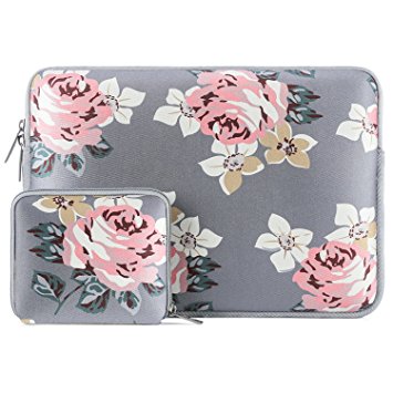 Mosiso Laptop Sleeve for 13-13.3 Inch MacBook Pro, MacBook Air, Notebook with Small Case, Water Repellent Lycra Rose Pattern Protective Carrying Bag Cover, Gray