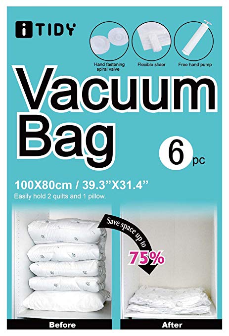 ITIDY Vacuum-Bags,6pk Jumbo Compression Seal Bags Reusable,Plastic Space Saver Storage Seal Bags for Clothes,Comforters,Curtains,Blankets,Bedding,Free Hand Pump for Travel