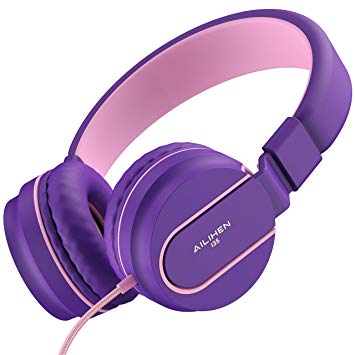 Ailihen I35 Headphones with Microphone Lightweight Noise Isolating Folding Headset Earphones 3.5mm for Smartphones Cellphones Tablets Laptop Mp3/4 (Pink Purple)