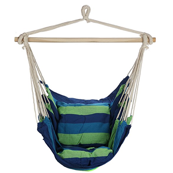 Arad Blue & Green Hanging Rope Hammock Chair Swing Seat for Any Indoor or Outdoor Spaces- Max. 265 Lbs. -2 Seat Cushions Included