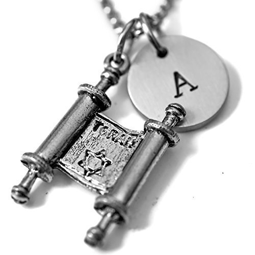Antique Silver Pewter Torah Necklace, personalized with hand stamped stainless steel initial charm. Torah Necklace, Jewish Jewelry.