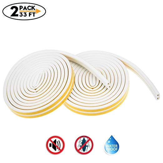 2 Pack 33Ft Long Insulation Weatherproof Doors and Windows Soundproofing Seal Strip Collision Avoidance Rubber Self-Adhesive Weatherstrip(White)
