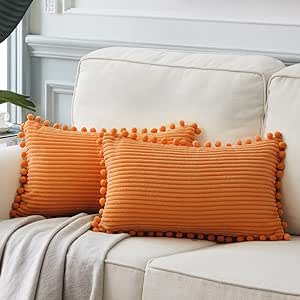 Fancy Homi Pack of 2 Fall Lumbar Decorative Throw Pillow Covers with Pom-poms, Soft Corduroy Solid Rectangle Cushion Cases for Couch Sofa Bed Living Room, Fall Home Decor (12x20 Inch/30x50 cm, Orange)