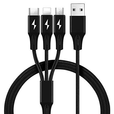 Multi Charger Cable,3 in 1 Multiple Premium Nylon Braided Charging Cable 3.9ft/1.2m with Lighting / Micro / Type C for iPhone 7/7 Plus/6/6S Plus,iPad,iPod,HTC,Sony,LG and More(Black)