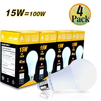 A21 LED Dimmable Bulbs, 15W (100 watt Equivalent), 1600lm, 2700k Soft White glow, 300° Omnidirectional Beam Angle, CRI 80, Light Bulb, Medium Screw Base (E26), UL Listed, 4 Pack