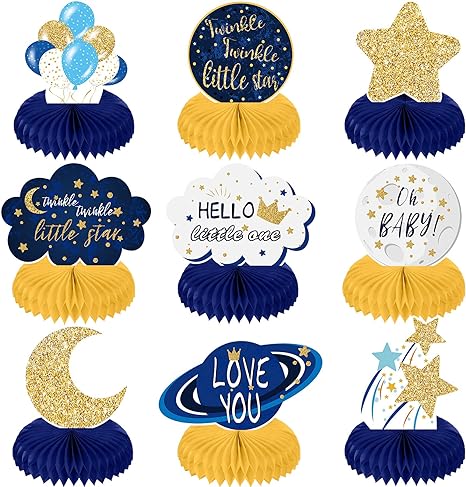 9 Pieces Twinkle Twinkle Little Star Honeycomb Centerpieces Baby Shower Decor Star Party Table Toppers Cloud Glitter Little Star Table Decorations Baby Shower Birthday Party Supplies (Blue and Gold)