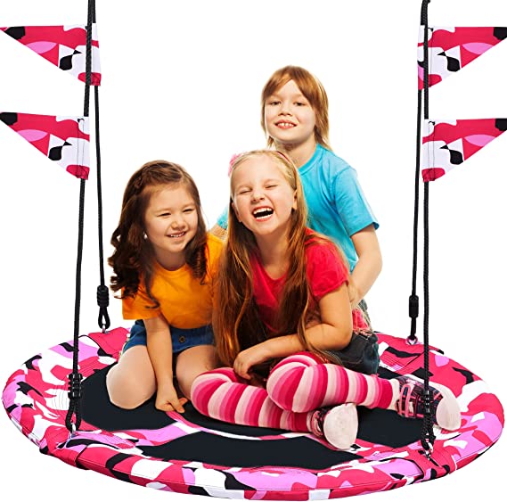 PACEARTH 40 Inch Saucer Tree Swing, 700lbs Tree Swings for Kids Outdoor/Indoor, Flying Round Swing with Adjustable Hanging Ropes, Ideal for Tree, Swing Set, Backyard, Playground -Pink camo