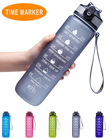 Venture Pal 32oz/22oz Motivational Fitness Sports Water Bottle with Time Marker & Straw, Large Wide Mouth Leakproof Durable BPA Free Non-Toxic