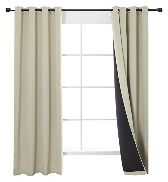 Aquazolax 100% Blackout Curtains with Black Liners, 2 Thick Layers Completely Blackout Window Treatment Thermal Insulated Curtains for Basement, Double Panels, 52 x 63-inch, Beige