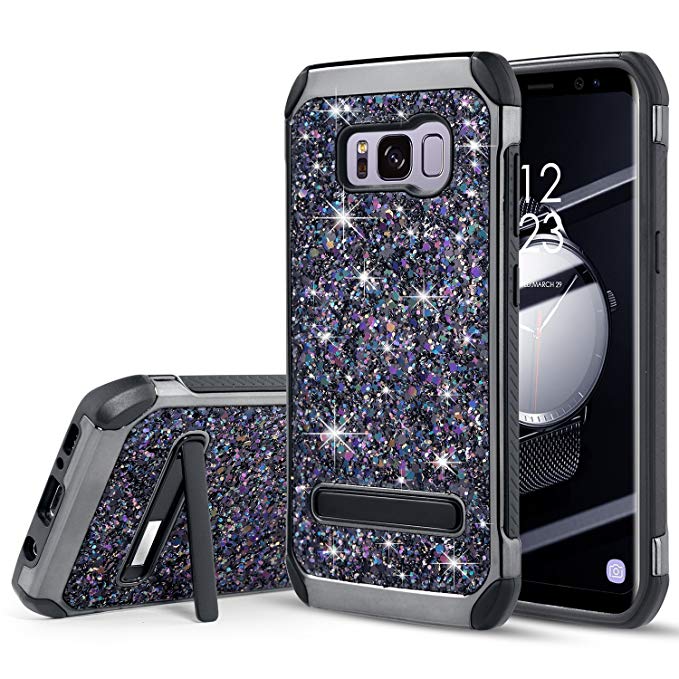 UARMOR Case for Samsung Galaxy S8 Plus / Galaxy S8 , Luxury Glitter Bling Rugged Shockproof Dirtproof Stand Hybrid Slim Sparkle Shiny Faux Leather Chrome Hard Case Cover, Black