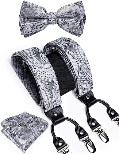 DiBanGu Silk Suspender and Bow Tie for Men Paisley Plaid Suspenders Elastic Adjustable Clip Braces for Party Wedding