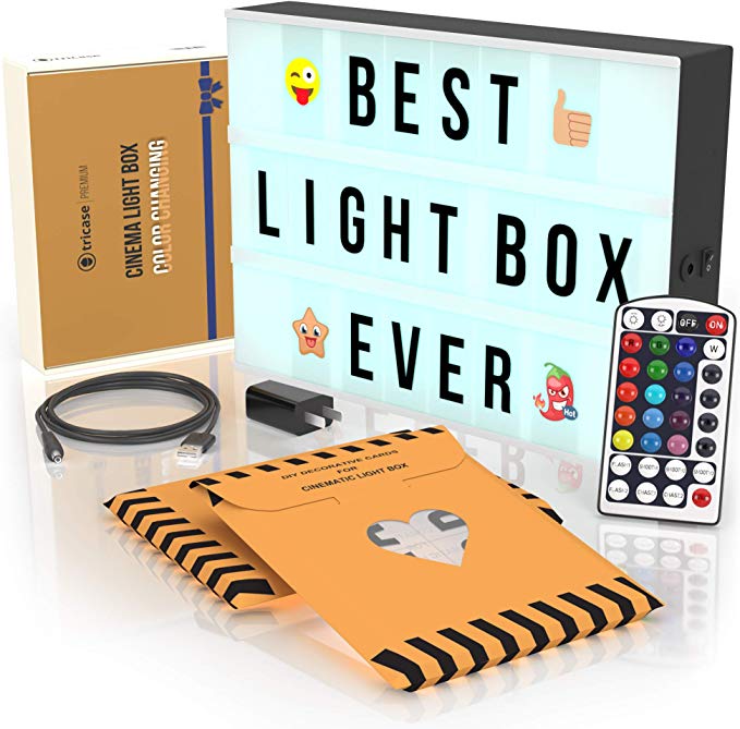 Cinema Light Box with Letters - Color Changing Lightbox Sign With 167 Black lighted Letters And 185 Colorful Emoji - Marquee Light Up Letter Board - 16 Dimmable remote-controlled colored light options