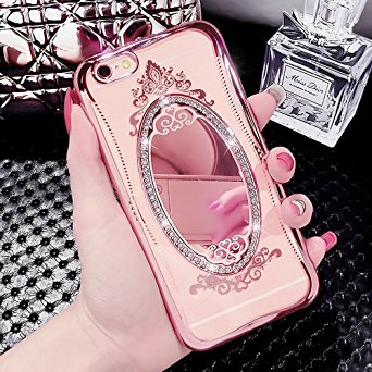 iPhone 6 Plus/6s Plus 5.5 Inch Glass Mirror TPU Case-Aurora Soft Silicone Makeup Case Bling Crown Rhinestone Cover for iPhone 6 Plus/6s Plus(Rose Gold)