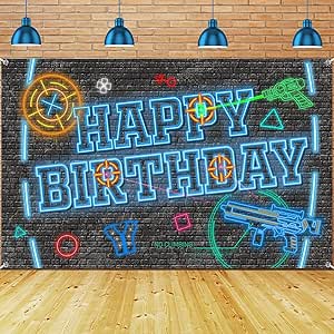 Laser Tag Gun Backdrops Neon Happy Birthday Banner Happy Birthday Backdrop Gaming Backgrounds for Boys Wall Decorations 6 x 3.6 Feet Birthday Party Neon Glow Party Photography Banner Photo Booth