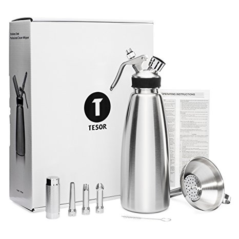 Tesor Stainless Steel Whipped Cream Dispenser Value Bundle With Three Tip Attachment Nozzles, Funnel and Strainer. Professional Quality Whipper For Creating Gourmet Whip Cream (1 Quart)