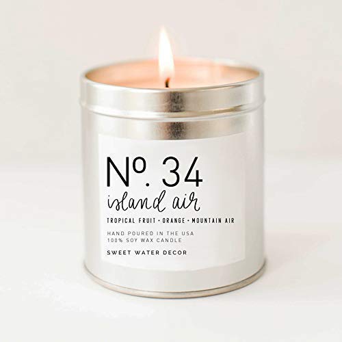 Island Air Natural Soy Wax Candle Tin Summer Scent Tropical Fruit Sugar Oranges Lemons Limes Redolent Mountain Trees Modern Farmhouse Home Decor Bathroom Accessories Made in USA Lead Free Cotton Wick