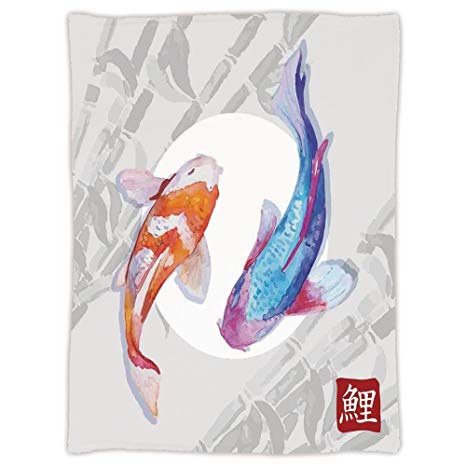 iPrint Super Soft Throw Blanket Custom Design Cozy Fleece Blanket,Ocean Animal Decor,Watercolor Koi Fish Couple Design with Grunge Brushstrokes Based Paint,Blue Orange,Perfect for Couch Sofa or Bed