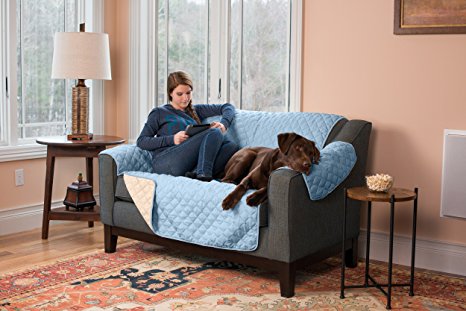 Deluxe Reversible Quilted Furniture Protector. Two Fresh Looks in One. By Home Fashion Designs Brand. (Loveseat - Marine Blue / Linen)