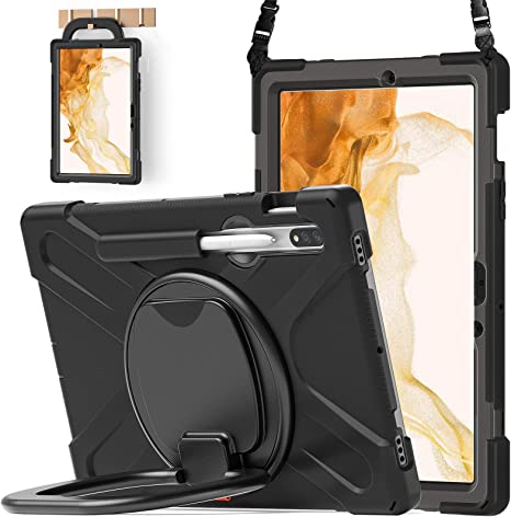 BATYUE Samsung Galaxy Tab S7 (2020)/ S8 (2022) Case 11 inch,Cover for SM-T870 T875 X700 X706, Shockproof Protective Rugged Case with Pencil Holder/ Rotating Bracket/ Shoulder Strap - Black