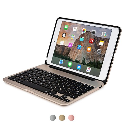 iPad Mini 4 keyboard case, [NEW] COOPER KAI SKEL A1 Backlit Aluminum Bluetooth Wireless Keyboard Macbook Clamshell Case Cover with Rechargeable Battery Power Bank for Apple iPad Mini 4 gen (Gold)