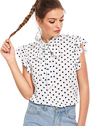 Romwe Women's Casual Short Sleeve Ruffle Bow Tie Blouse Top Shirts