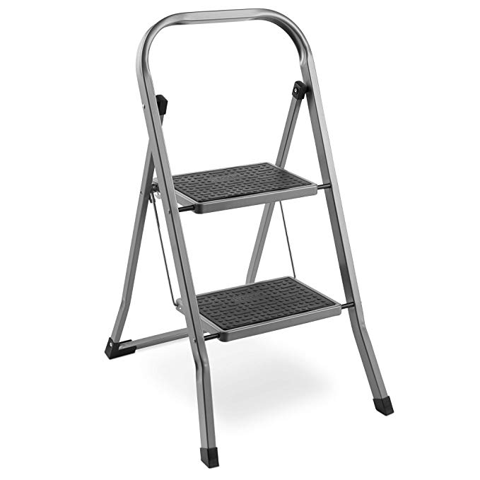 VonHaus Steel 2 Step Ladder Folding Portable Stool with 330lbs Capacity and Anti-Slip Feet - Lightweight and Sturdy - Grey