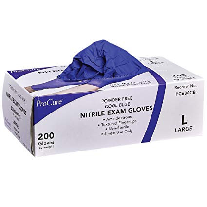 ProCure Disposable Nitrile Gloves – Powder Free, Rubber Latex Free, Medical Exam Grade, Non Sterile, Ambidextrous - Soft with Textured Tips – Cool Blue (Large, 1 Pack, 200 Count)