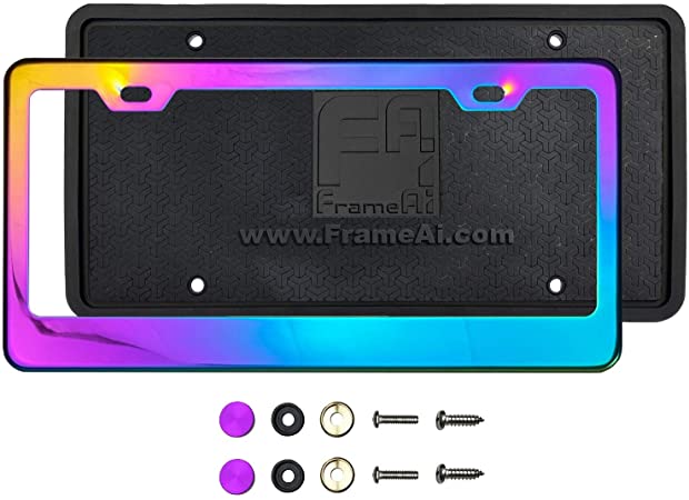 KA Depot Silicone Back Guard License Plate Holder Neon Neo Chrome Mirror License Plate Frame T304 Stainless Steel   Metal Screw Caps