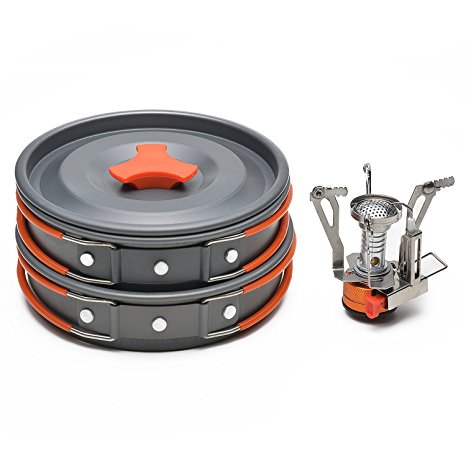 ODOLAND Camping Cookware Kit with Mini Camping Stove - ODOLAND Camping Cookware Kit Best 1-2 Person Pot Pan Kit for Outdoor Backpacking Gear & Hiking Cooking Equipment