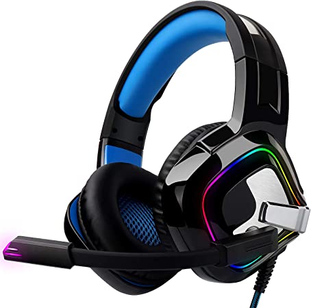 Gaming Headphones Compatible with PC PS4 Xbox Switch Wired USB Double Jack - August EPG100L - Headset with RGB-LED Light Noise Reduction Microphone 50mm Driver Flip Mute 4D Surround Sound 3.5mm Cable