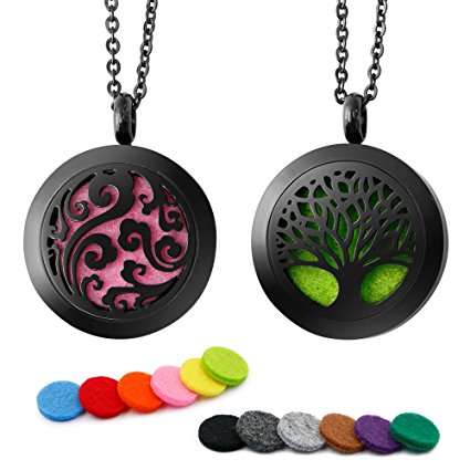 RoyAroma 2PCS Aromatherapy Essential Oil Diffuser Necklace Pendant Locket Jewelry, 24" Adjustable Chain Stainless Steel Perfume Necklace-Black