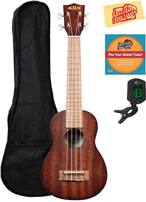 Kala KA-15SLNG Satin Mahogany Long Neck Soprano Ukulele Bundle with Gig Bag, Tuner, Austin Bazaar Instructional DVD, and Polishing Cloth