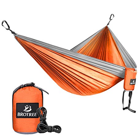 Brotree Double Camping Hammock - Portable Lightweight Parachute Nylon Hammock - Ropes and Carabiners Included - Best for Hiking, Camping, Backpacking, Travel, Backyard, Beach