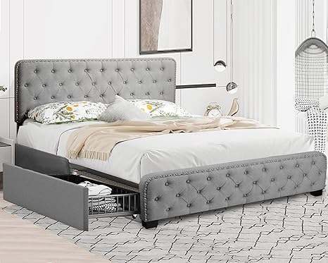 PrimeZone Upholstered Queen Size Metal Bed Frame with 4 Storage Drawers & Adjustable Headboard, Button Tufted, Heavy Duty Modern Fabric Bedroom Platform Bedframe, No Box Spring Needed, Grey