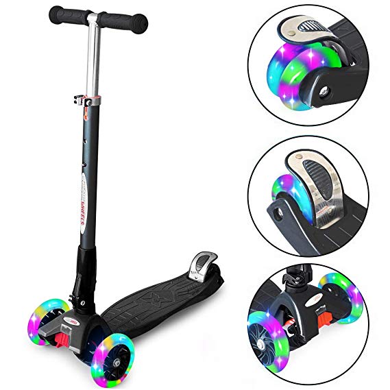 ChromeWheels Scooters Kids, Glider Deluxe Kick Scooter 4 Adjustable Height 150lb Weight Limit 3 Wheels, Lean to Steer LED Flashing Light, Best Gifts Girls Boys Age 6-12 Year Old, Black