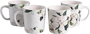 Bico Magnolia Floral Ceramic Mugs, Set of 4, for Coffee, Tea, Drinks, Microwave & Dishwasher Safe