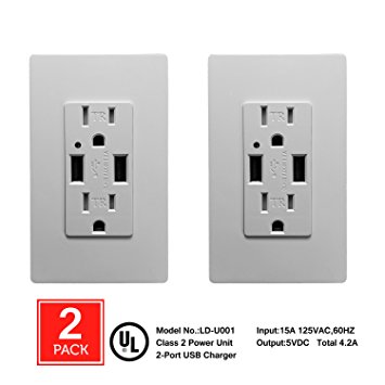 [2 Pack] SECKATECH 4.2A Smart High Speed Dual USB Charger Wall Outlet, 15A Tamper Resistant Outlet, Each Charging Receptacle with 4 Free Wall Plates-White (UL Listed)