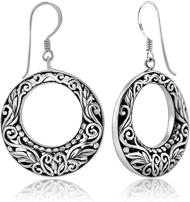 925 Sterling Silver Bali Inspired Flora Design Open Filigree Round Hoop Dangle Earrings