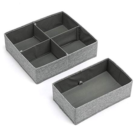 MaidMAX Set of 2 Dresser Drawer Organiser Insert with 5 Compartments, Fabric Wardrobe Box for Cupboard, Closet Dividers Foldable Storage Bins Containers for Socks Underwear, Bras,Ties, Scarves, Grey