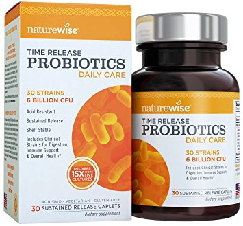 NatureWise Daily Care Time-Release Probiotics: Comparable to 90 Billion CFU, Delivers 15x More Live Cultures to Intestines for Digestion & Immune Support, Shelf Stable, Acid Resistant, 30 Caplets