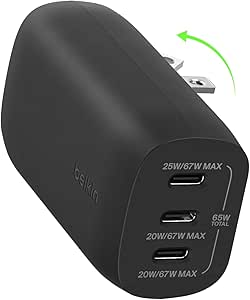 Belkin BoostCharge 3-Port USB-C Wall Charger with PPS 67W, USB-C PD 3.1 Enabled Fast Charging iPhone Charger for iPhone 16 Series, MacBook Pro, AirPods, Galaxy, and Other PD Enabled Devices - Black