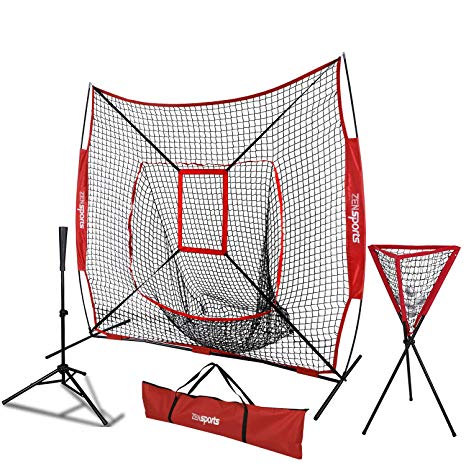 ZENsports 7' x 7' Baseball Softball Practice Hitting Pitching Net with Strike Zone Target and Bow Net Frame,Carry Bag,Batting Tee,Ball Caddy (Net Batting tee Ball Caddy)