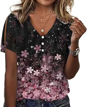 Boho Summer Tops for Women Ethnic Floral Short Sleeve V Neck Blouse Dressy Casual Button Up Cold Shoulder Tunic Top